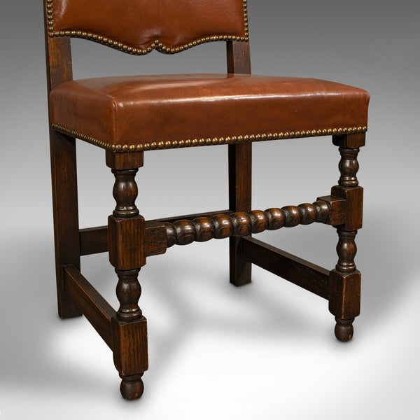 Set Of 6 Antique Dining Chairs, English, Leather, Oak, Seat, Edwardian, C.1910