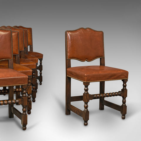 Set Of 6 Antique Dining Chairs, English, Leather, Oak, Seat, Edwardian, C.1910