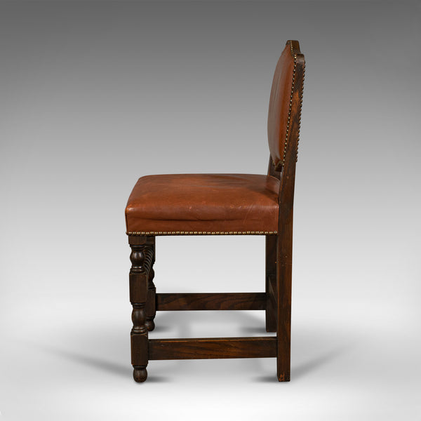 Set Of 6 Antique Dining Chairs, English, Leather, Oak, Seat, Edwardian, C.1910