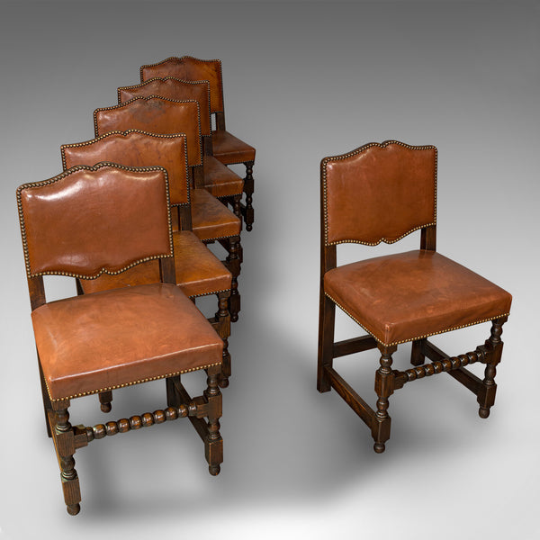 Set Of 6 Antique Dining Chairs, English, Leather, Oak, Seat, Edwardian, C.1910