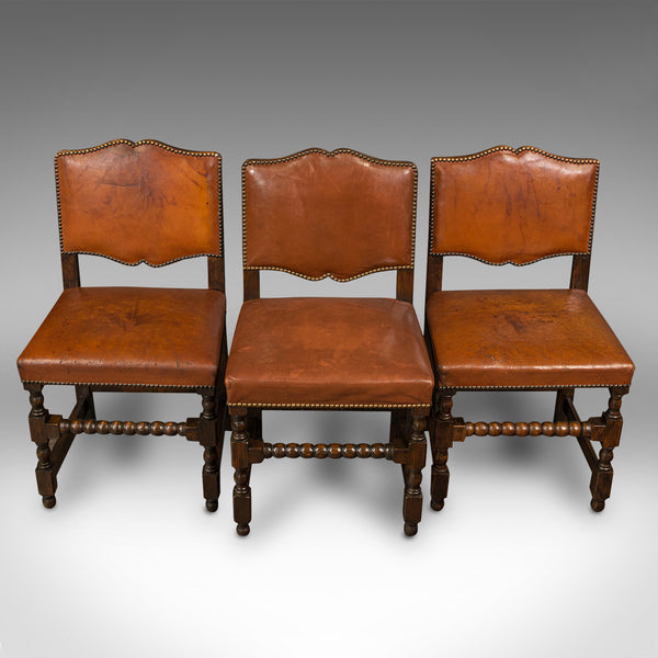 Set Of 6 Antique Dining Chairs, English, Leather, Oak, Seat, Edwardian, C.1910