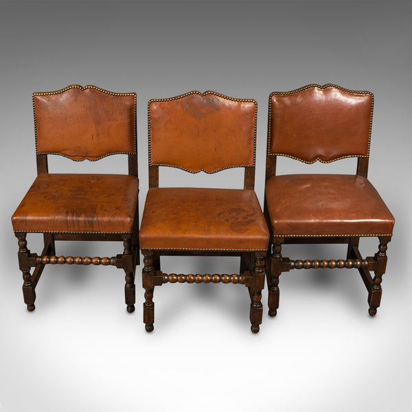 Set Of 6 Antique Dining Chairs, English, Leather, Oak, Seat, Edwardian, C.1910