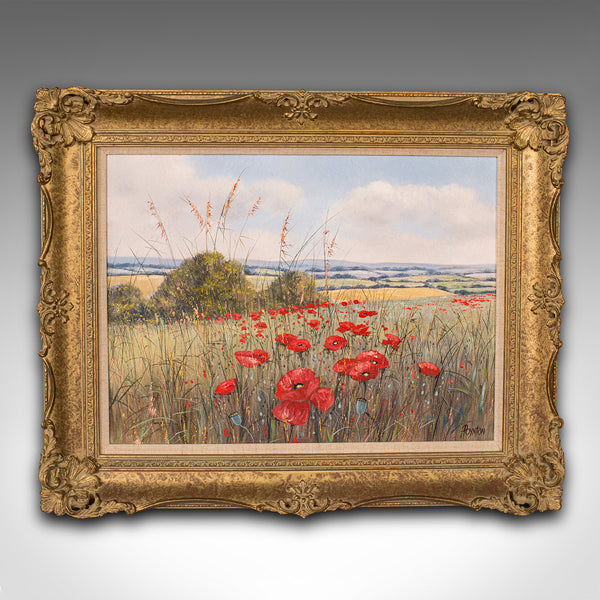 Vintage Oil Painting, English, Gilt Frame, Poppy Field, Landscape, Art, Signed