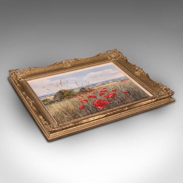 Vintage Oil Painting, English, Gilt Frame, Poppy Field, Landscape, Art, Signed