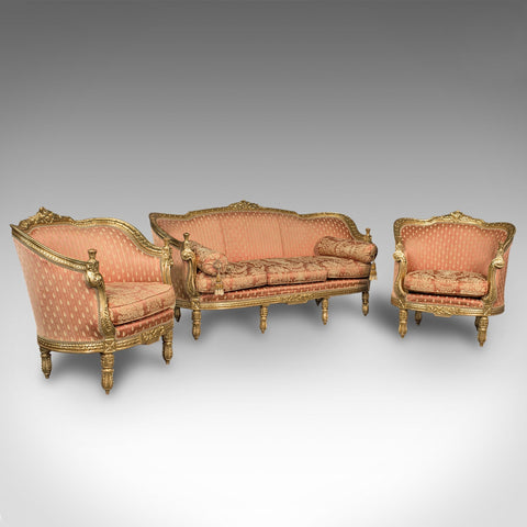 Vintage 3 Piece Decorative Suite, French, Gilt, Sofa, Armchair, Louis XV Revival