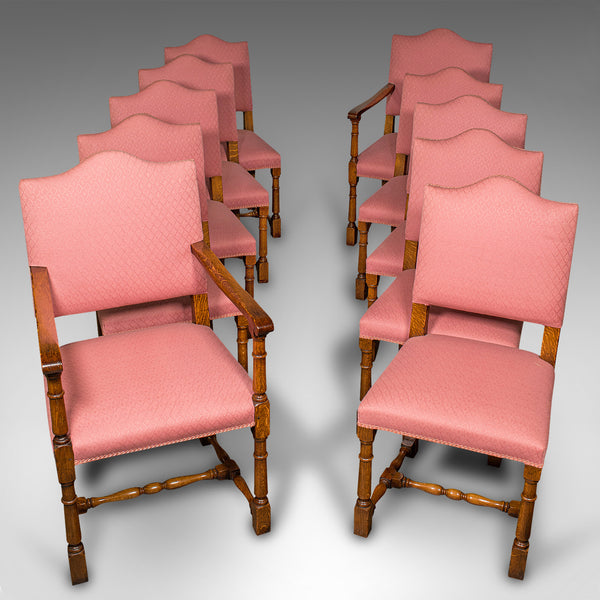 Vintage Set of 10 Dining Chairs, English, Oak, Carver, Seat, Late 20th Century