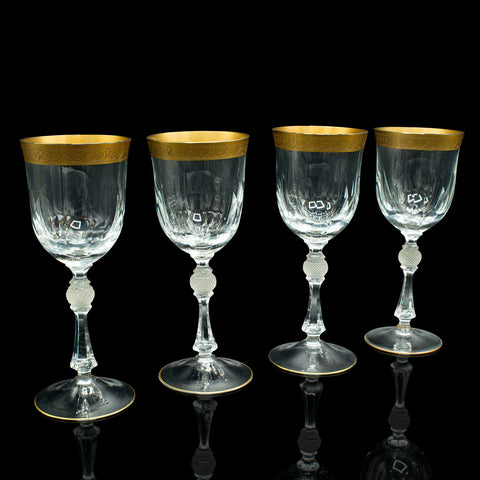 Set of 4 Antique Wine Glasses, French, Gilt, Decorative, Stem Glass, Art Deco