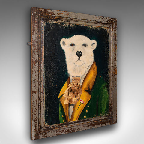 Vintage Polar Bear Portrait, English, Oil, Victorian Pine, Anthropomorphic Art