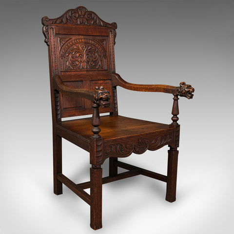 Antique Carved Hall Chair, Scottish, Oak, Decorative Elbow Seat, Victorian, 1860