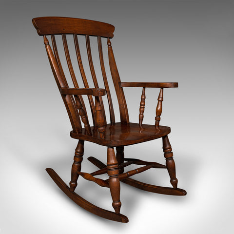 Antique Lath Back Rocking Chair, English Oak, Beech, Elbow Seat, Victorian, 1900