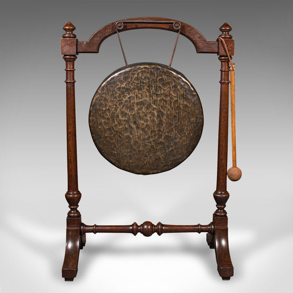 Antique Floorstanding Dinner Gong, English, Oak, Bronze, Ceremonial, Victorian