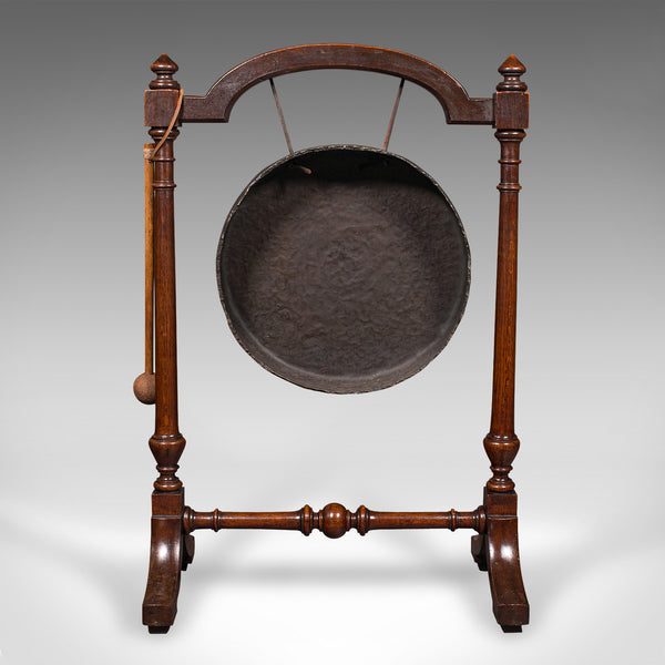 Antique Floorstanding Dinner Gong, English, Oak, Bronze, Ceremonial, Victorian