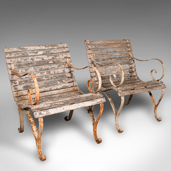 Pair Of Antique Patio Chairs, English, Teak, Iron, Garden, Veranda, Victorian