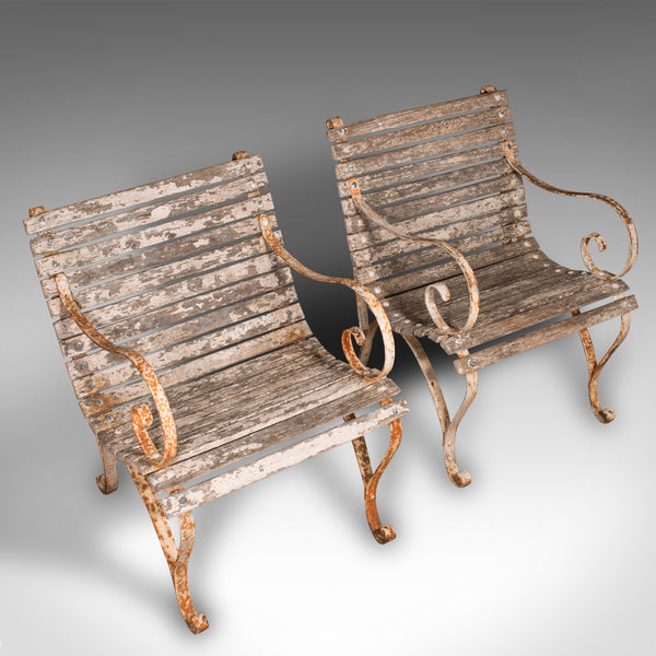 Pair Of Antique Patio Chairs, English, Teak, Iron, Garden, Veranda, Victorian