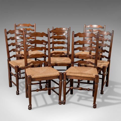 Set of 8 Antique Oak Wavy Line Ladderback Dining Chairs, Edwardian Circa 1910 - London Fine Antiques