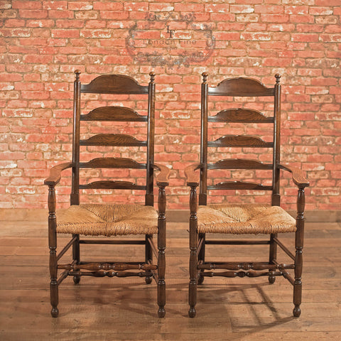 Pair of Antique Elbow Chairs, Dining Ladderbacks c.1900 - London Fine Antiques